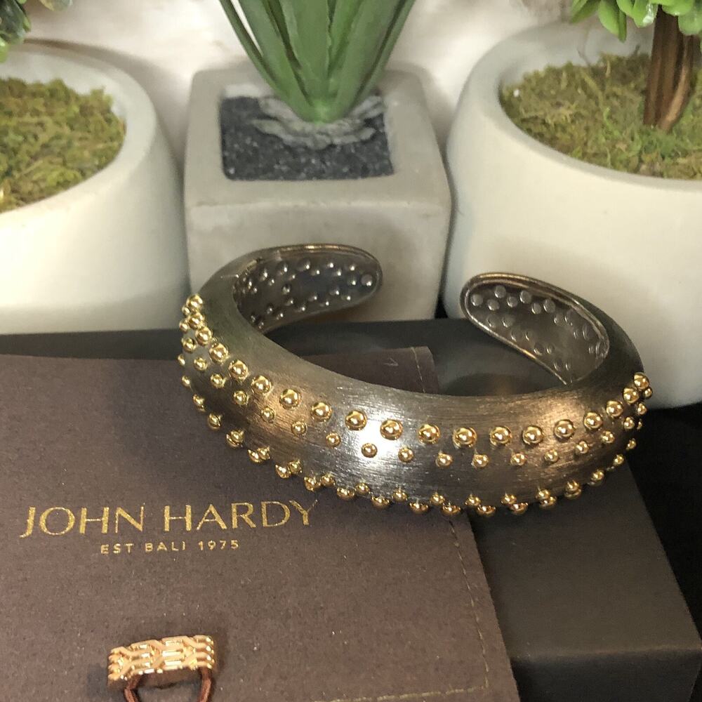 John Hardy Brushed Dot Cuff Bracelet 925 Silver 18K Gold
